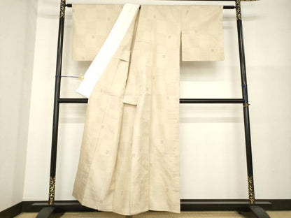 平和屋着物▽上質な紬 単衣 市松文 正絹 逸品 AABG9312ck