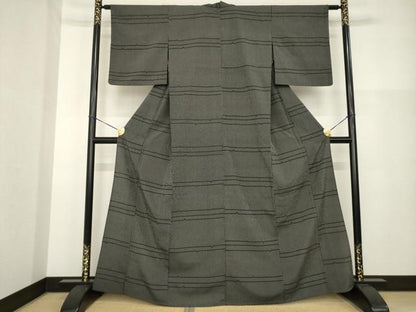 平和屋着物▽本塩沢 単衣 横段文 黒地 正絹 逸品 AABG9314ck