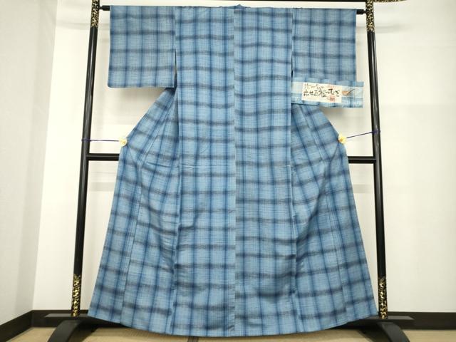 平和屋着物▽信州飯田 広瀬正藍紬 広瀬志一 単衣 格子 反端付き 正絹 逸品 AABG9316ck