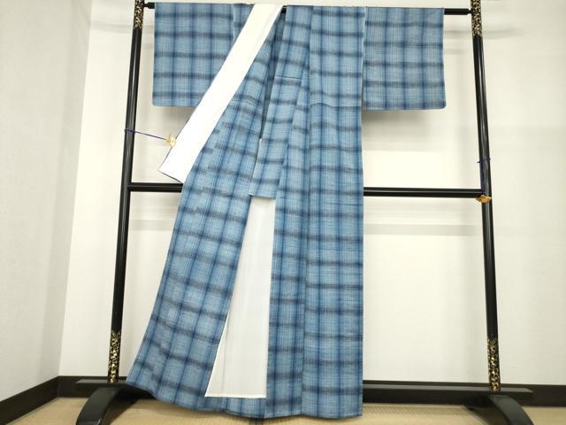 平和屋着物▽信州飯田 広瀬正藍紬 広瀬志一 単衣 格子 反端付き 正絹 逸品 AABG9316ck