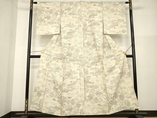 平和屋着物▽上質な小紋　単衣　紬地　風景文　正絹　逸品　AABG9317ck