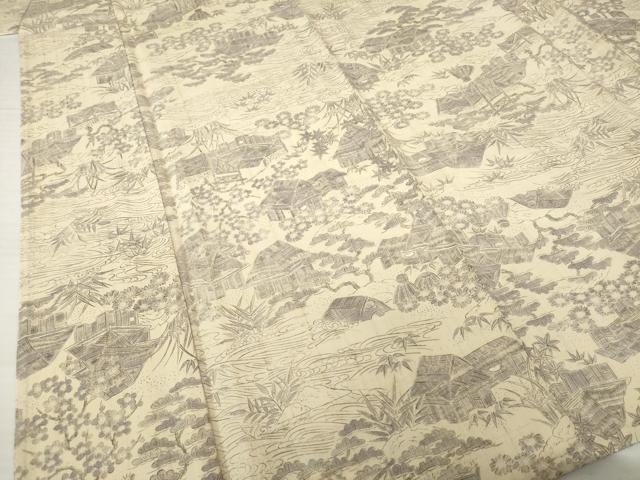 平和屋着物▽上質な小紋　単衣　紬地　風景文　正絹　逸品　AABG9317ck