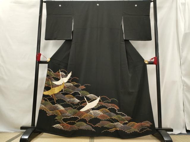 平和屋着物■豪華黒留袖 駒刺繍 流水飛鶴文 金彩 正絹 逸品 AABG9331st