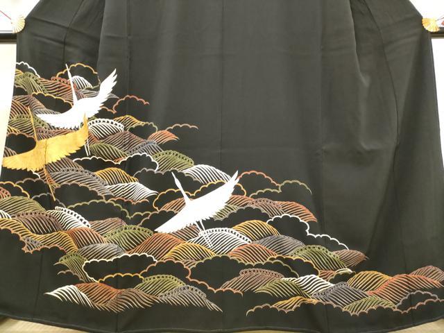 平和屋着物■豪華黒留袖 駒刺繍 流水飛鶴文 金彩 正絹 逸品 AABG9331st