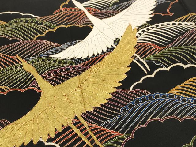 平和屋着物■豪華黒留袖 駒刺繍 流水飛鶴文 金彩 正絹 逸品 AABG9331st