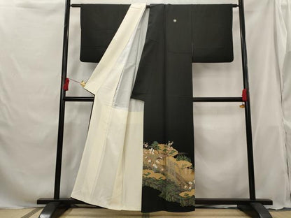 平和屋着物■豪華黒留袖　作家物　駒刺繍　風景草花文　暈し染め　金彩　正絹　逸品　AABG9371st