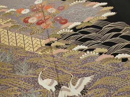 平和屋着物■豪華黒留袖　駒刺繍　流水比較花松文　金彩　正絹　逸品　AABG9393st