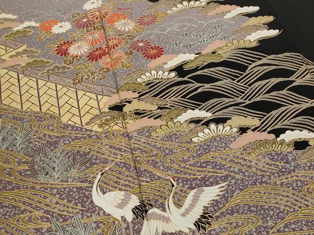 平和屋着物■豪華黒留袖　駒刺繍　流水比較花松文　金彩　正絹　逸品　AABG9393st