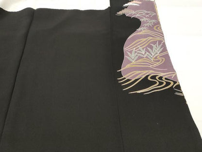 平和屋着物■豪華黒留袖　駒刺繍　流水比較花松文　金彩　正絹　逸品　AABG9393st