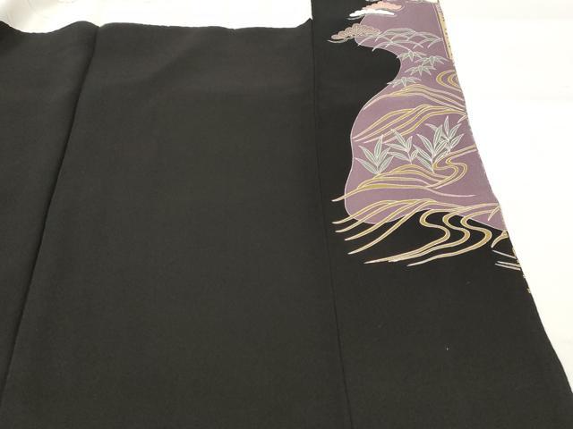 平和屋着物■豪華黒留袖　駒刺繍　流水比較花松文　金彩　正絹　逸品　AABG9393st