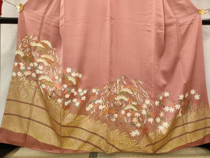 平和屋着物■豪華色留袖 駒刺繍 笠松文 金彩 正絹 逸品 AABG9483st