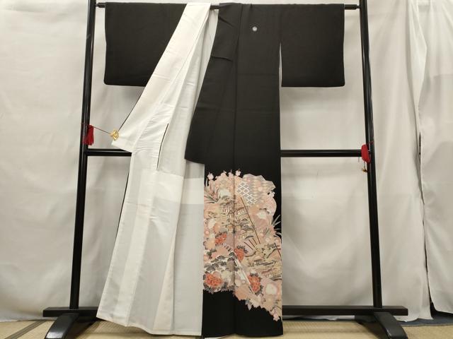 平和屋着物■豪華黒留袖　扇面風景文　金彩　正絹　逸品　AABG9496st