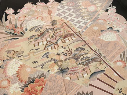 平和屋着物■豪華黒留袖　扇面風景文　金彩　正絹　逸品　AABG9496st
