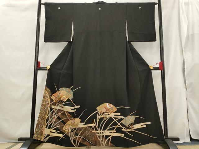 平和屋着物■豪華黒留袖 駒刺繍 扇面花文 金彩 正絹 逸品 AABG9499st