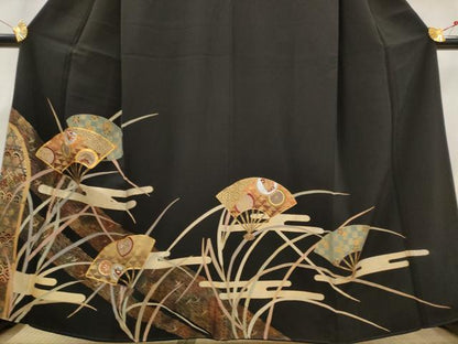 平和屋着物■豪華黒留袖 駒刺繍 扇面花文 金彩 正絹 逸品 AABG9499st