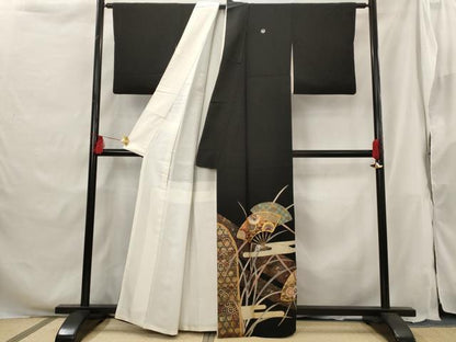 平和屋着物■豪華黒留袖 駒刺繍 扇面花文 金彩 正絹 逸品 AABG9499st