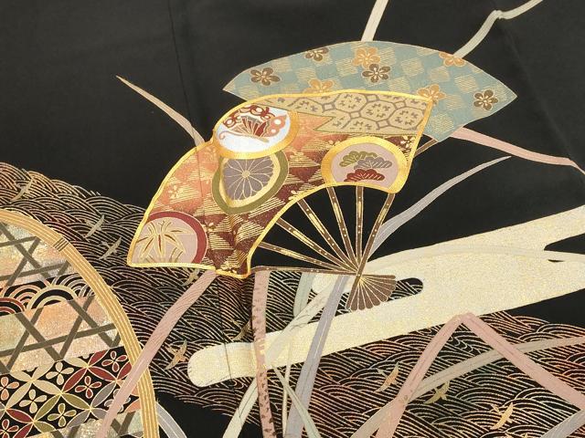平和屋着物■豪華黒留袖 駒刺繍 扇面花文 金彩 正絹 逸品 AABG9499st