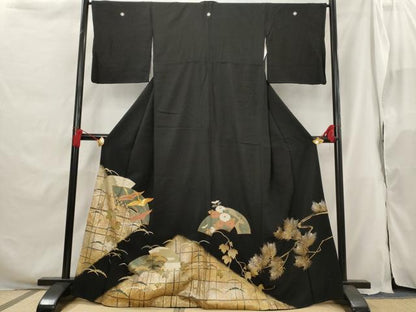 平和屋着物■豪華黒留袖　地紙飛鶴花文　正絹　逸品　AABG9503st