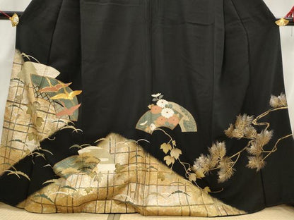平和屋着物■豪華黒留袖　地紙飛鶴花文　正絹　逸品　AABG9503st