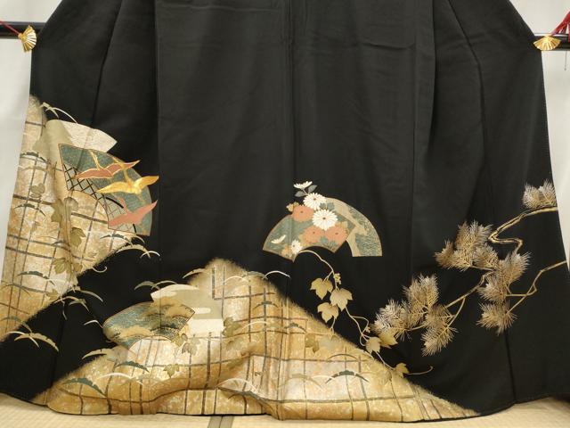 平和屋着物■豪華黒留袖　地紙飛鶴花文　正絹　逸品　AABG9503st