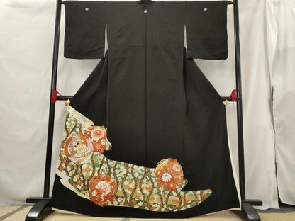 平和屋着物■豪華黒留袖　駒刺繍　花鳥丸文　金彩　銀糸　正絹　逸品　AABG9504st