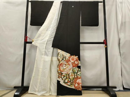 平和屋着物■豪華黒留袖　駒刺繍　花鳥丸文　金彩　銀糸　正絹　逸品　AABG9504st