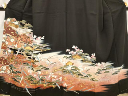 平和屋着物■豪華黒留袖 駒刺繍 花松文 金彩 正絹 逸品 AABG9510st
