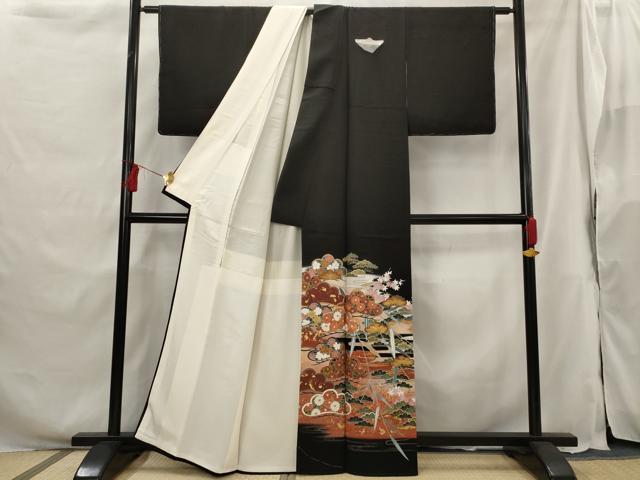 平和屋着物■豪華黒留袖 駒刺繍 花松文 金彩 正絹 逸品 AABG9510st