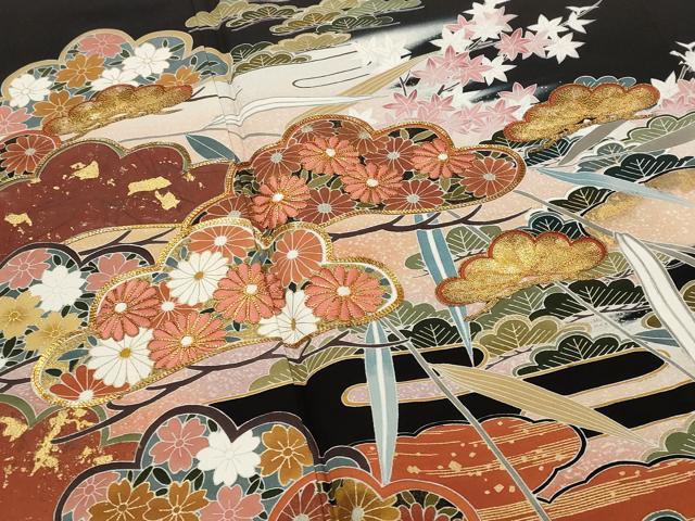 平和屋着物■豪華黒留袖 駒刺繍 花松文 金彩 正絹 逸品 AABG9510st