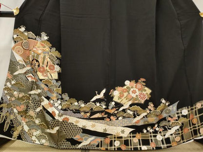 平和屋着物■豪華黒留袖　駒刺繍　飛鶴花松文　金彩　正絹　逸品　AABG9516st