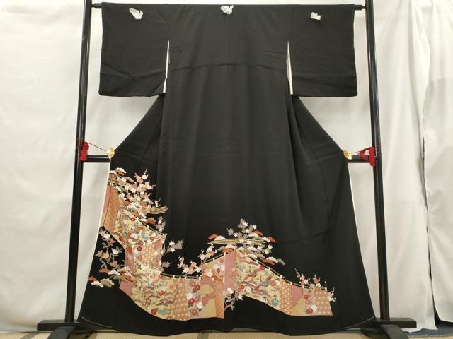 平和屋着物■豪華黒留袖 駒刺繍 飛鶴梅松文 金彩 正絹 逸品 AABG9517st