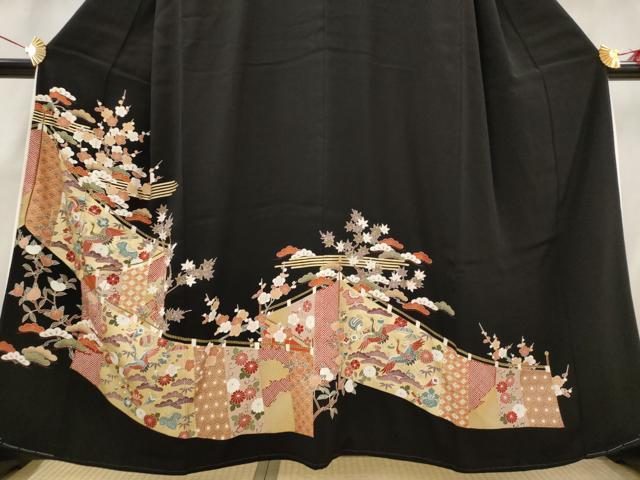 平和屋着物■豪華黒留袖 駒刺繍 飛鶴梅松文 金彩 正絹 逸品 AABG9517st