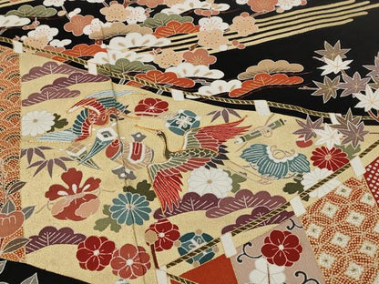 平和屋着物■豪華黒留袖 駒刺繍 飛鶴梅松文 金彩 正絹 逸品 AABG9517st