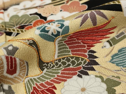 平和屋着物■豪華黒留袖 駒刺繍 飛鶴梅松文 金彩 正絹 逸品 AABG9517st