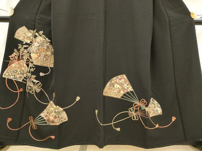 平和屋着物■豪華黒留袖　総刺繍　駒刺繍　扇面花文　金糸　正絹　逸品　AABG9518st