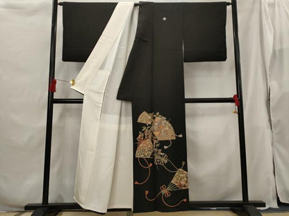 平和屋着物■豪華黒留袖　総刺繍　駒刺繍　扇面花文　金糸　正絹　逸品　AABG9518st