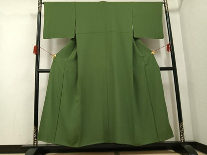 平和屋着物●上質な色無地　松葉色　正絹　逸品　AABG9540ph