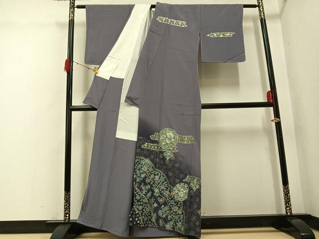 平和屋着物●訪問着　更紗花鳥文　暈し染め　銀彩　正絹　逸品　未使用　AABG9549ph