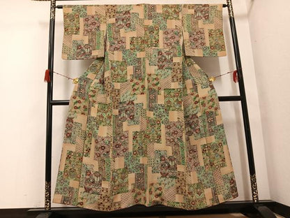 平和屋着物●上質な小紋　擦り型　友禅　更紗草花文　正絹　逸品　AABG9554ph