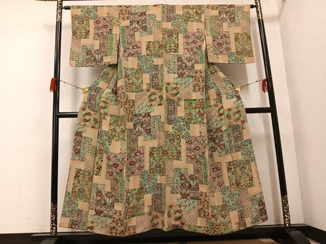平和屋着物●上質な小紋　擦り型　友禅　更紗草花文　正絹　逸品　AABG9554ph