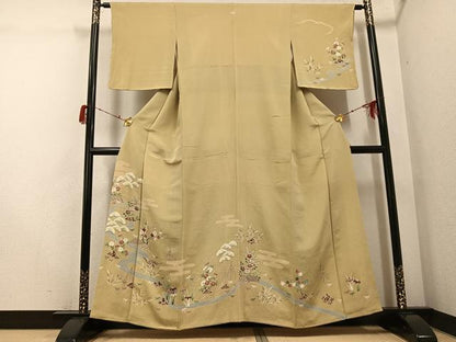 平和屋着物●訪問着　友禅　松竹梅エ霞流水草花文　鬼しぼ縮緬　正絹　逸品　AABG9555ph