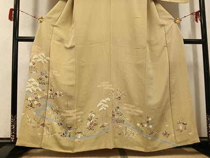 平和屋着物●訪問着　友禅　松竹梅エ霞流水草花文　鬼しぼ縮緬　正絹　逸品　AABG9555ph