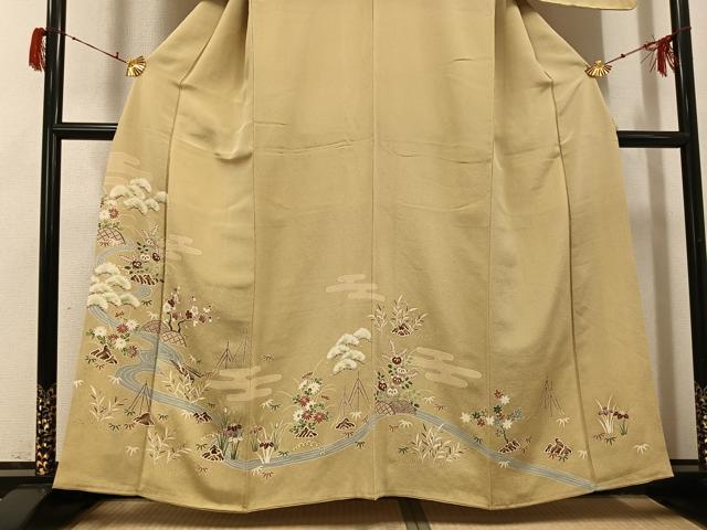 平和屋着物●訪問着　友禅　松竹梅エ霞流水草花文　鬼しぼ縮緬　正絹　逸品　AABG9555ph