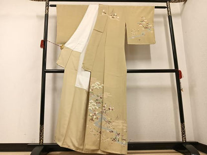 平和屋着物●訪問着　友禅　松竹梅エ霞流水草花文　鬼しぼ縮緬　正絹　逸品　AABG9555ph