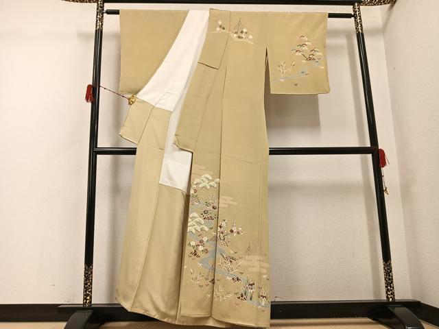 平和屋着物●訪問着　友禅　松竹梅エ霞流水草花文　鬼しぼ縮緬　正絹　逸品　AABG9555ph