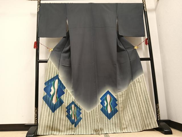 平和屋着物●色留訪問着　作家物　菱文　錆鉄御納戸色　暈し染め　正絹　逸品　AABG9560ph