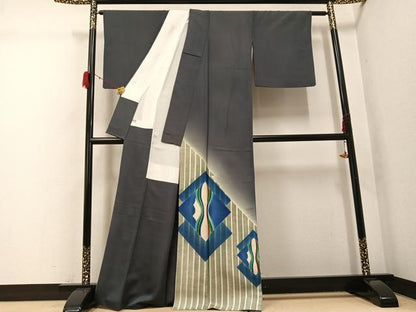 平和屋着物●色留訪問着　作家物　菱文　錆鉄御納戸色　暈し染め　正絹　逸品　AABG9560ph