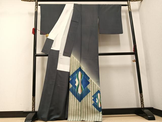 平和屋着物●色留訪問着　作家物　菱文　錆鉄御納戸色　暈し染め　正絹　逸品　AABG9560ph