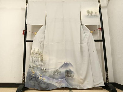 平和屋着物●ユネスコ世界遺産表現作家 白川丈山　訪問着　作家物　手描き　遠山風景草花文　正絹　逸品　AABG9561ph