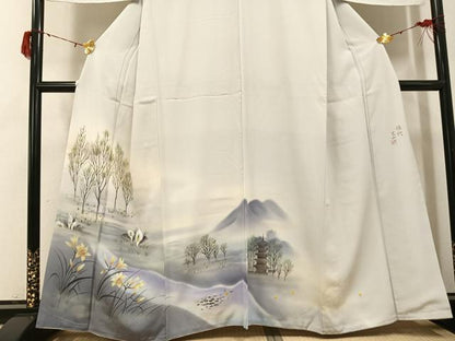 平和屋着物●ユネスコ世界遺産表現作家 白川丈山　訪問着　作家物　手描き　遠山風景草花文　正絹　逸品　AABG9561ph